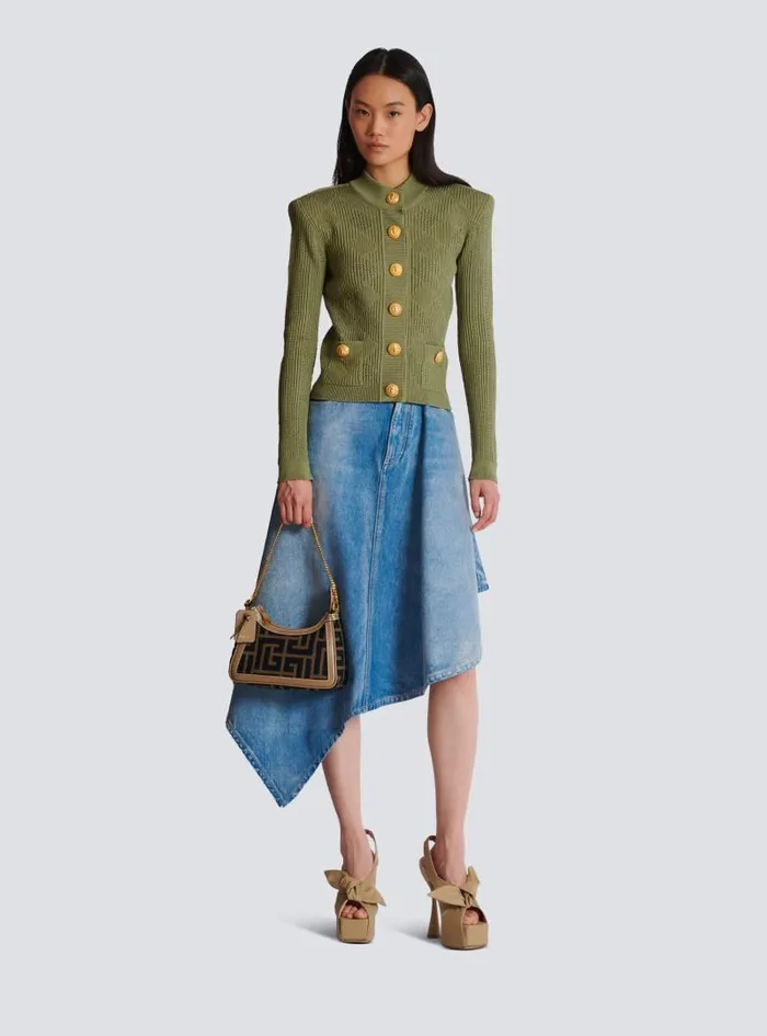 Balmain Knitwear Women Gingham Openwork Knit Cardigan Green
