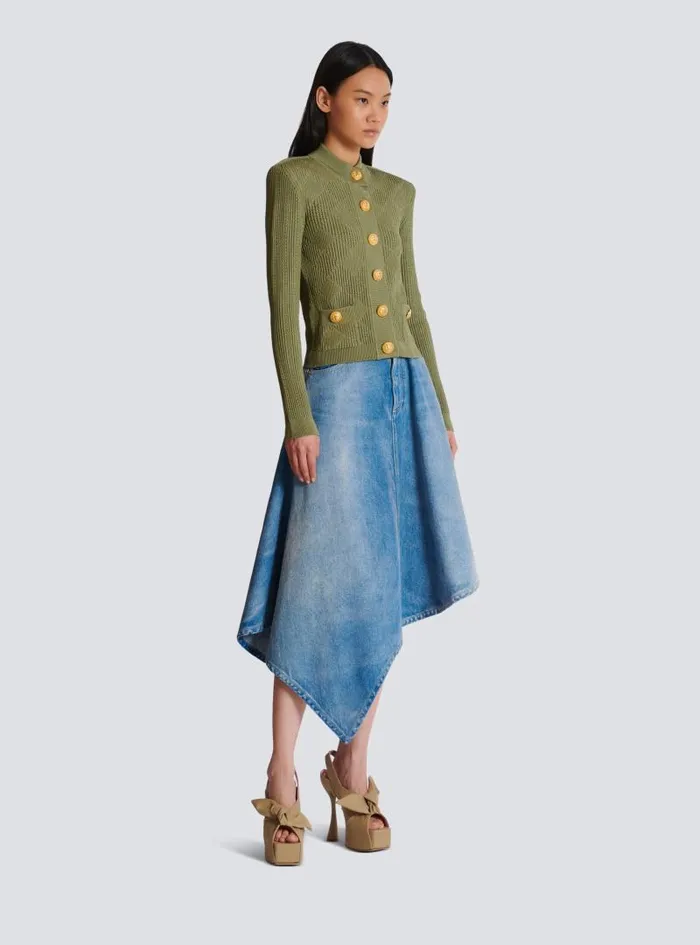 Balmain Knitwear Women Gingham Openwork Knit Cardigan Green
