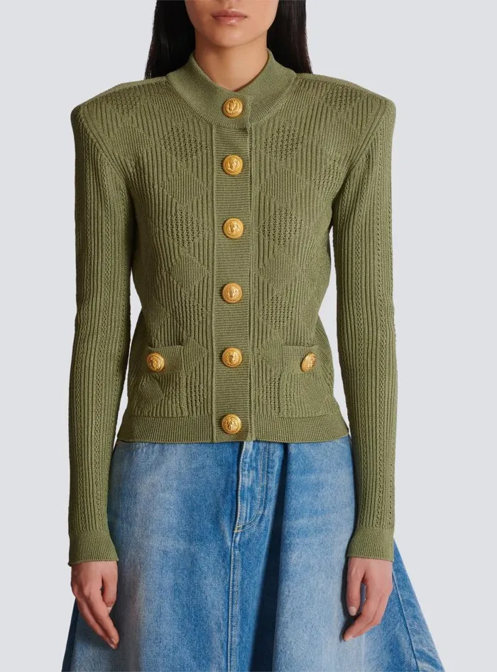 Balmain Knitwear Women Gingham Openwork Knit Cardigan Green