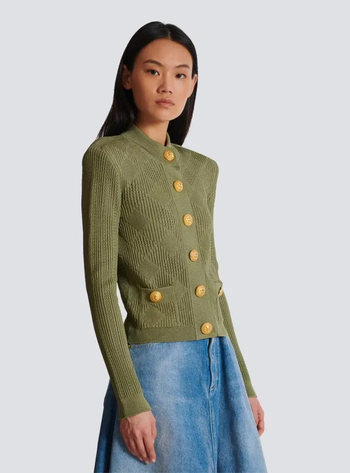 Balmain Knitwear Women Gingham Openwork Knit Cardigan Green