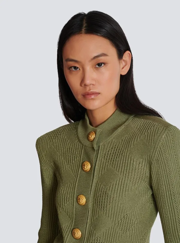 Balmain Knitwear Women Gingham Openwork Knit Cardigan Green