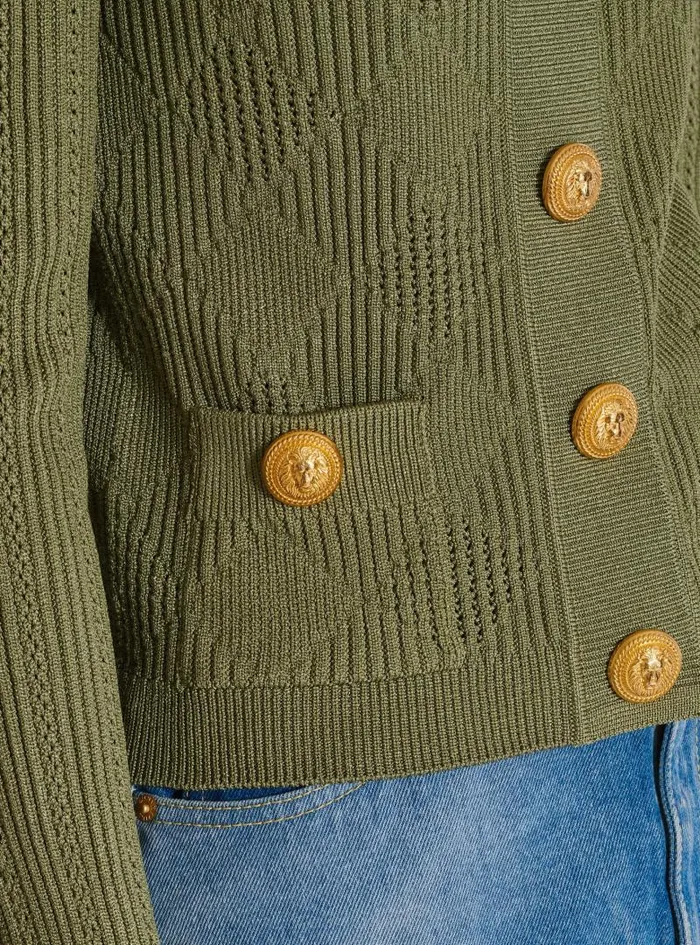 Balmain Knitwear Women Gingham Openwork Knit Cardigan Green