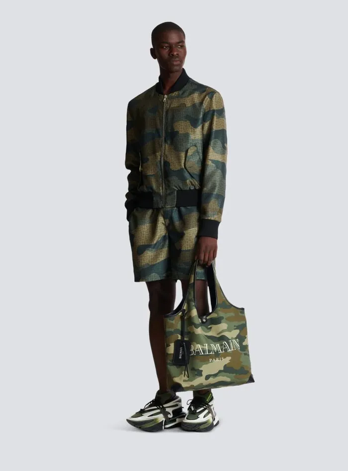 Balmain Outerwear Men Camouflage Monogrammed Shantung Bomber Jacket Khaki