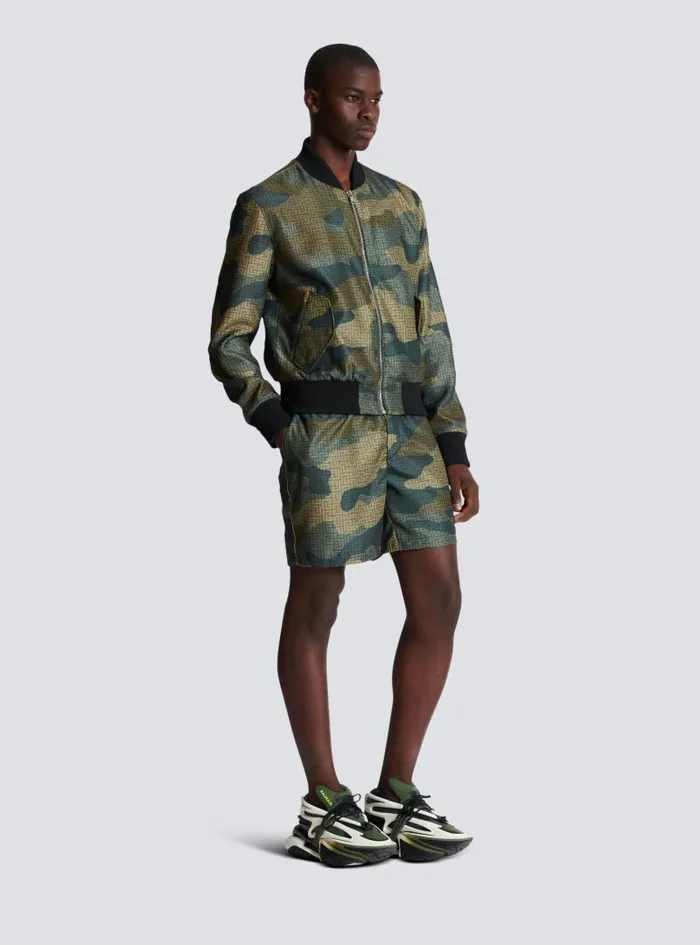 Balmain Outerwear Men Camouflage Monogrammed Shantung Bomber Jacket Khaki