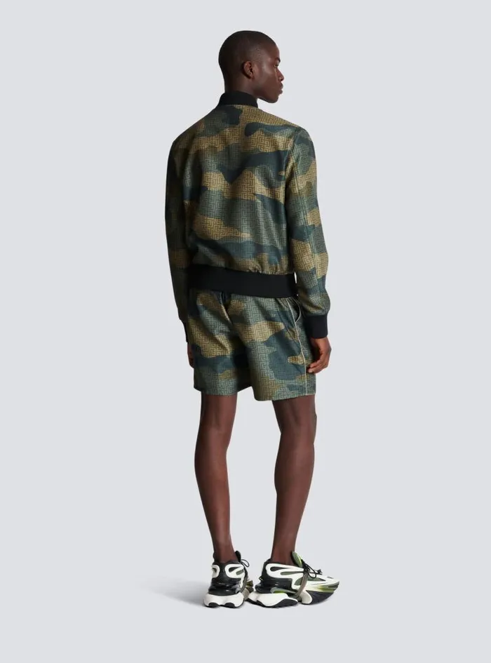 Balmain Outerwear Men Camouflage Monogrammed Shantung Bomber Jacket Khaki