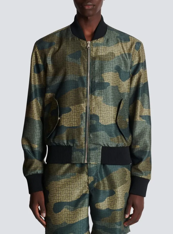 Balmain Outerwear Men Camouflage Monogrammed Shantung Bomber Jacket Khaki