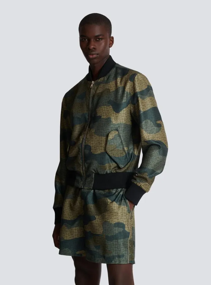 Balmain Outerwear Men Camouflage Monogrammed Shantung Bomber Jacket Khaki