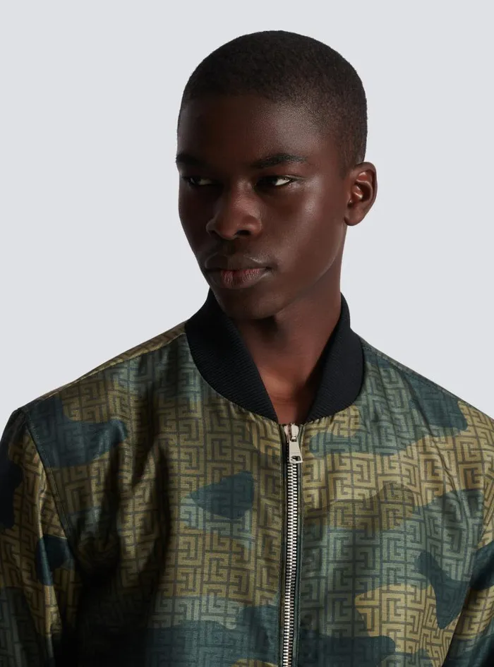 Balmain Outerwear Men Camouflage Monogrammed Shantung Bomber Jacket Khaki