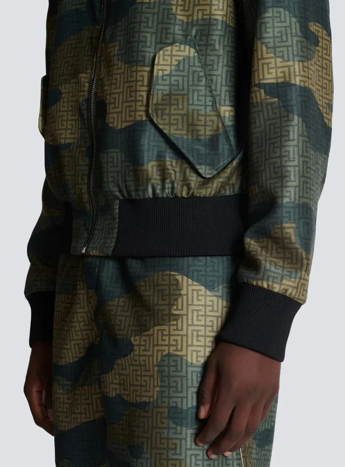 Balmain Outerwear Men Camouflage Monogrammed Shantung Bomber Jacket Khaki