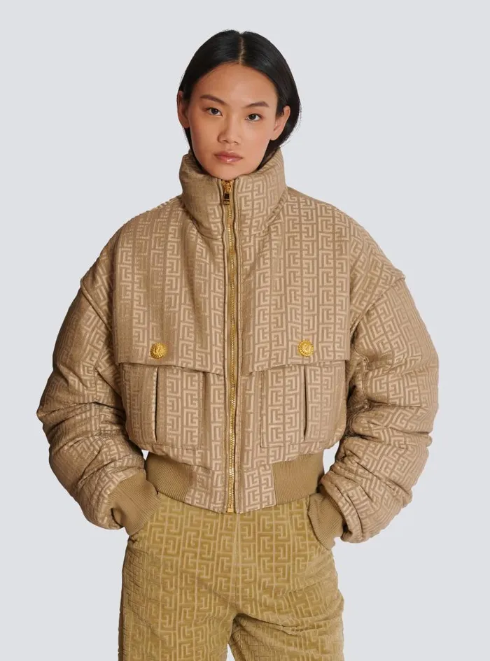 Balmain Outerwear Women PB Labyrinth Cropped Jacquard Bomber Beige