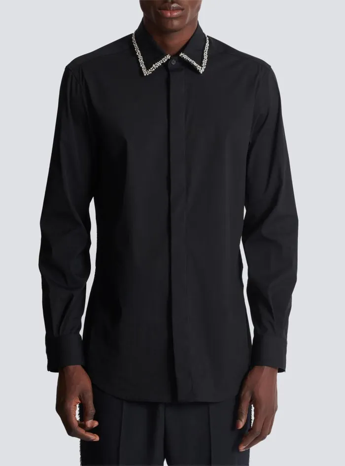 Balmain Shirts And Polos Men Poplin Shirt With Embroidered Collar Black