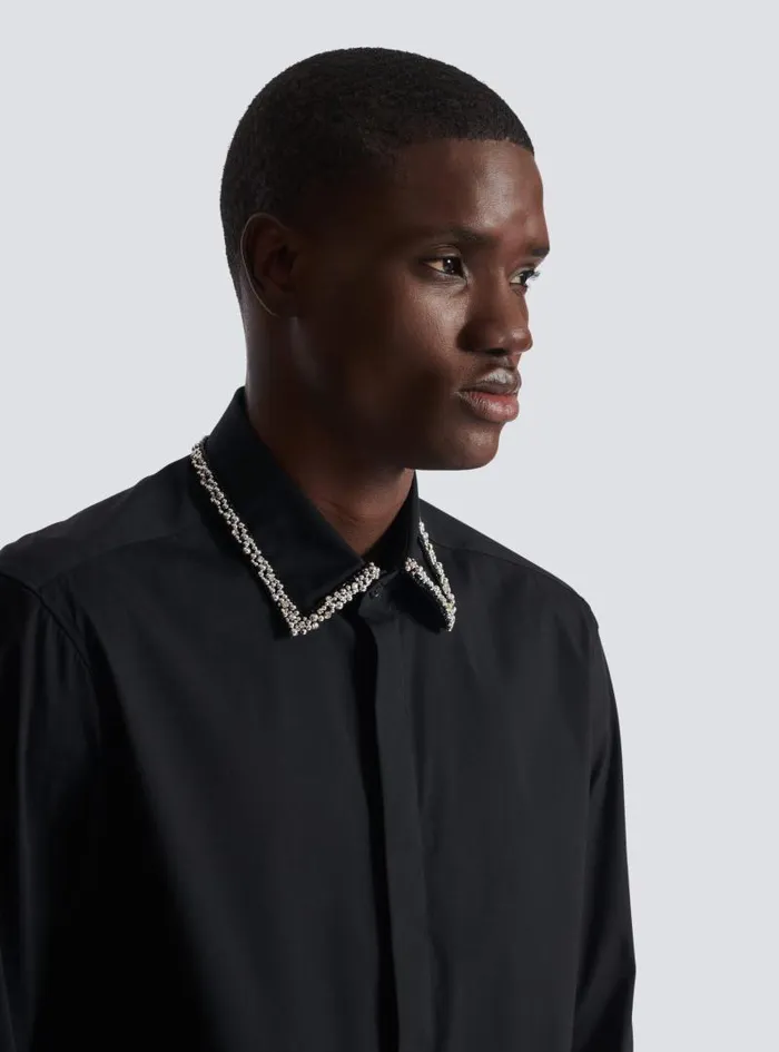Balmain Shirts And Polos Men Poplin Shirt With Embroidered Collar Black