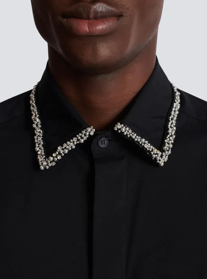 Balmain Shirts And Polos Men Poplin Shirt With Embroidered Collar Black