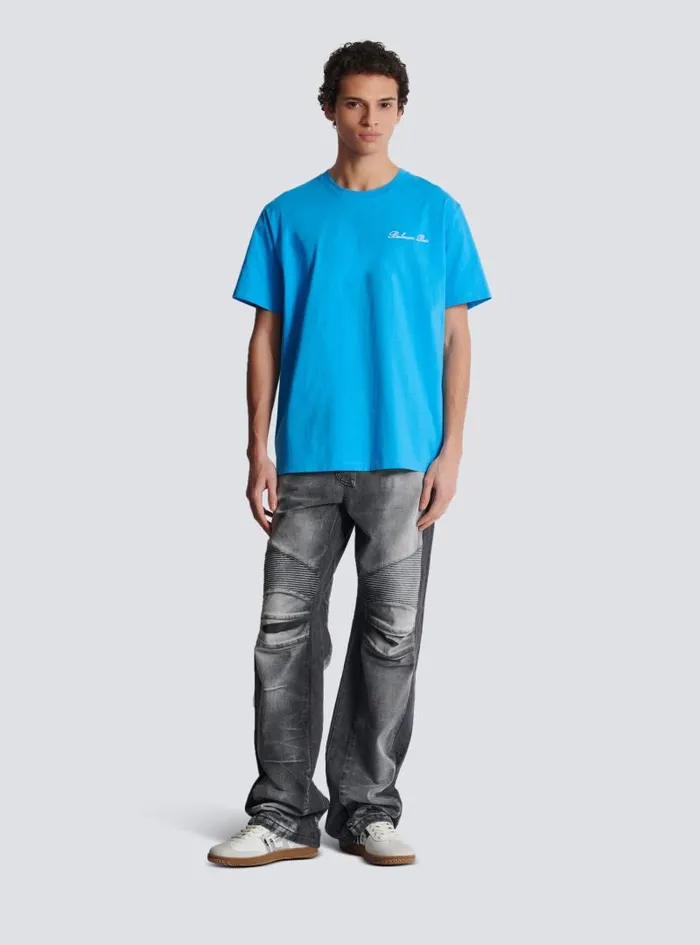 Balmain Sportswear Men Relaxed Tshirt With Signature Embroidery Blue