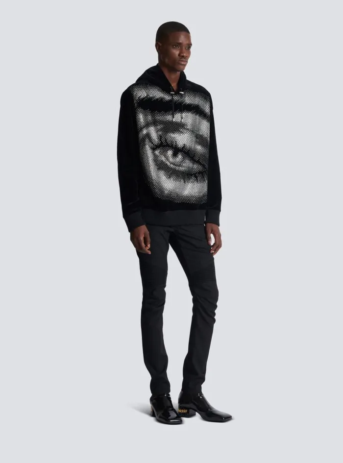 Balmain Sweatshirts Men Velvet Hoodie With Crystals In An Eye Motif Black