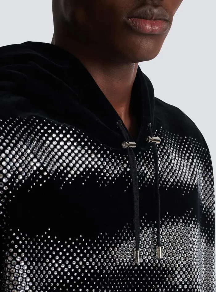 Balmain Sweatshirts Men Velvet Hoodie With Crystals In An Eye Motif Black