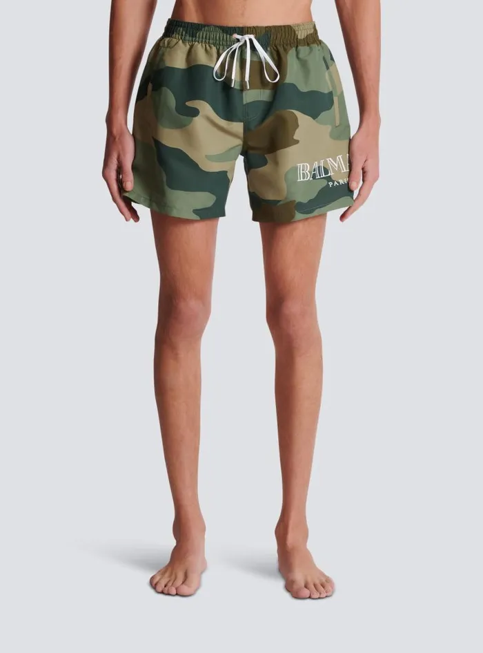 Balmain Swimwear Men Camouflage Swim Shorts Khaki