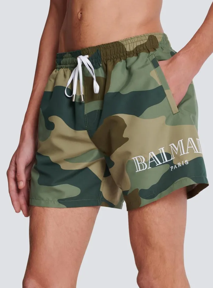 Balmain Swimwear Men Camouflage Swim Shorts Khaki