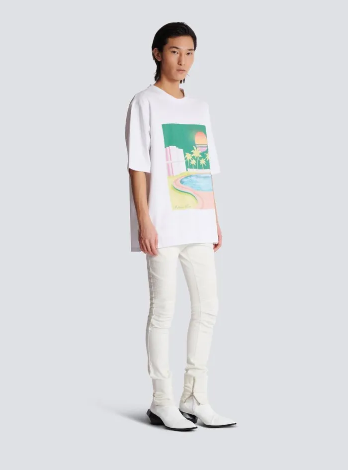 Balmain TShirts Men Loose Postcard Printed Tshirt White