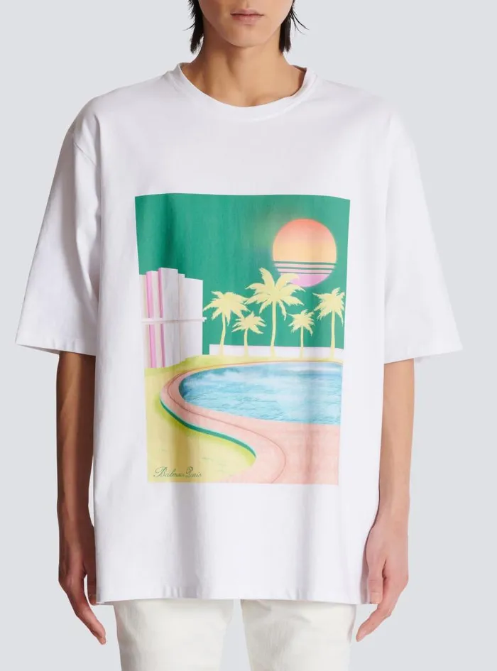 Balmain TShirts Men Loose Postcard Printed Tshirt White