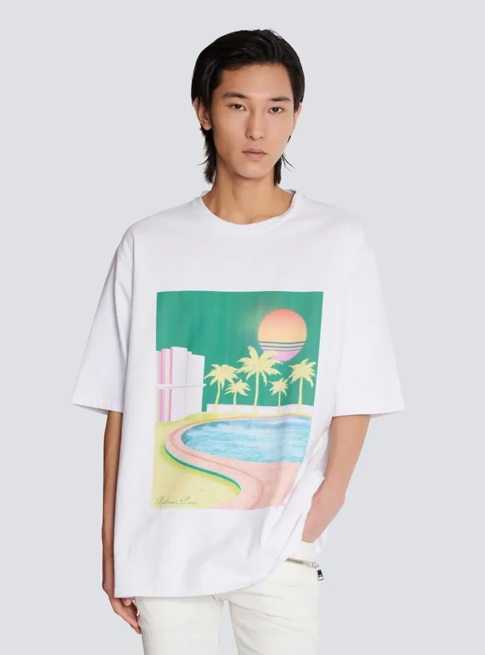 Balmain TShirts Men Loose Postcard Printed Tshirt White
