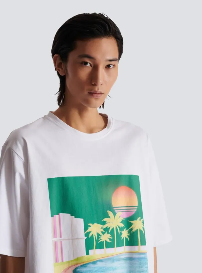 Balmain TShirts Men Loose Postcard Printed Tshirt White