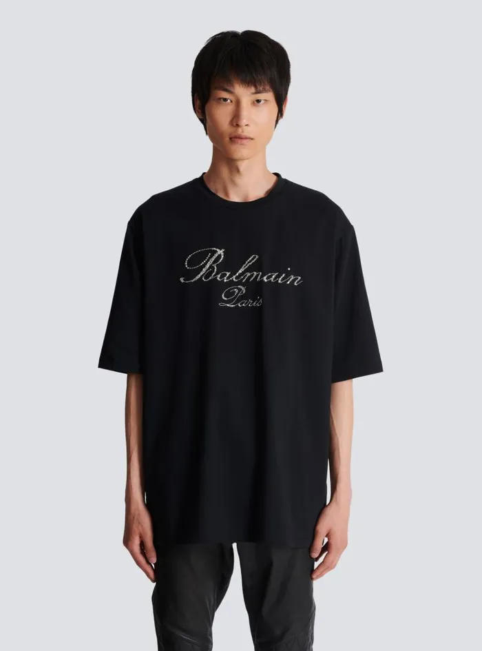 Balmain TShirts Men Signature Embroidered Tshirt Black