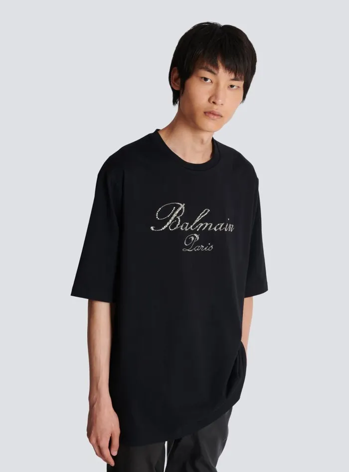 Balmain TShirts Men Signature Embroidered Tshirt Black