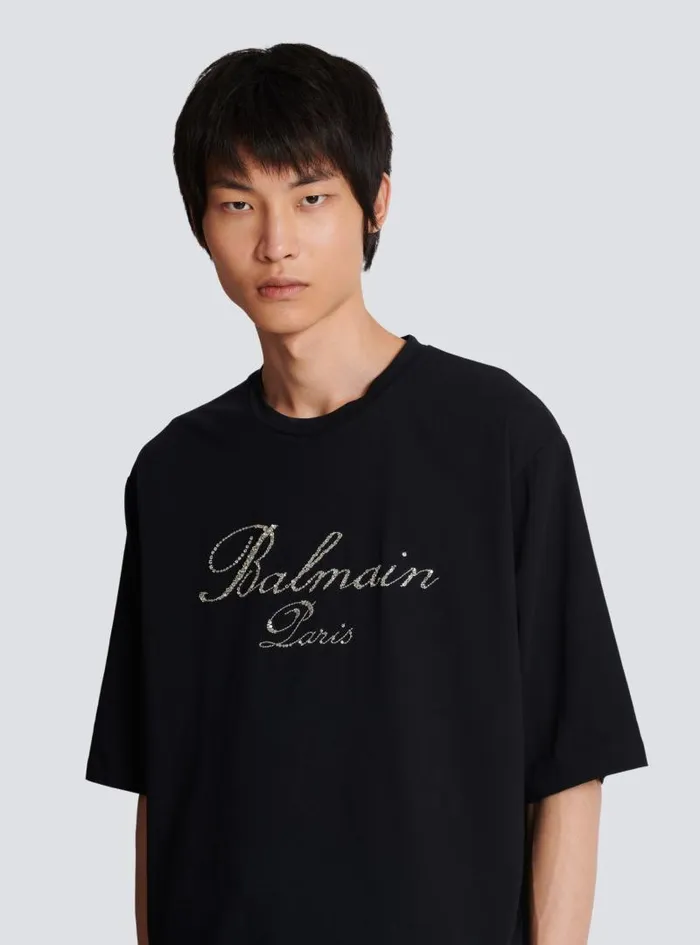 Balmain TShirts Men Signature Embroidered Tshirt Black