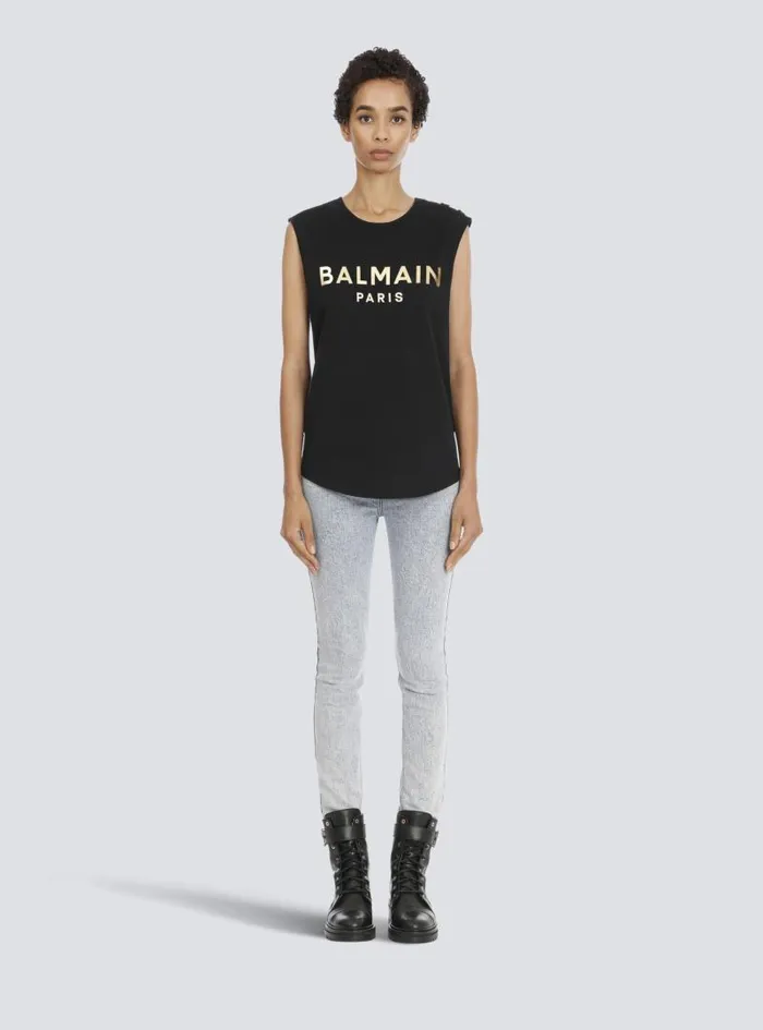 Balmain TShirts Women Cotton Tshirt With Logo Print Gold