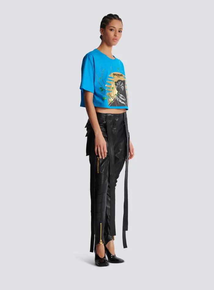 Balmain TShirts Women Disney X The Lion King 8211 Cropped Tshirt With Cassius Khumalo Print Blue