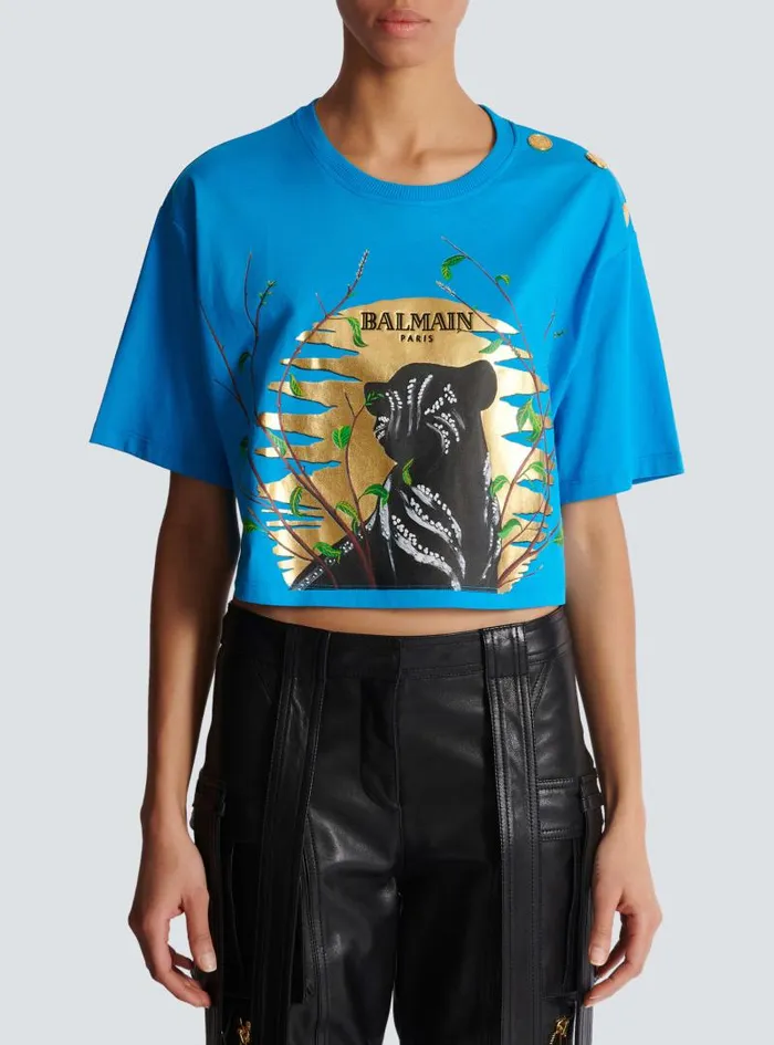 Balmain TShirts Women Disney X The Lion King 8211 Cropped Tshirt With Cassius Khumalo Print Blue
