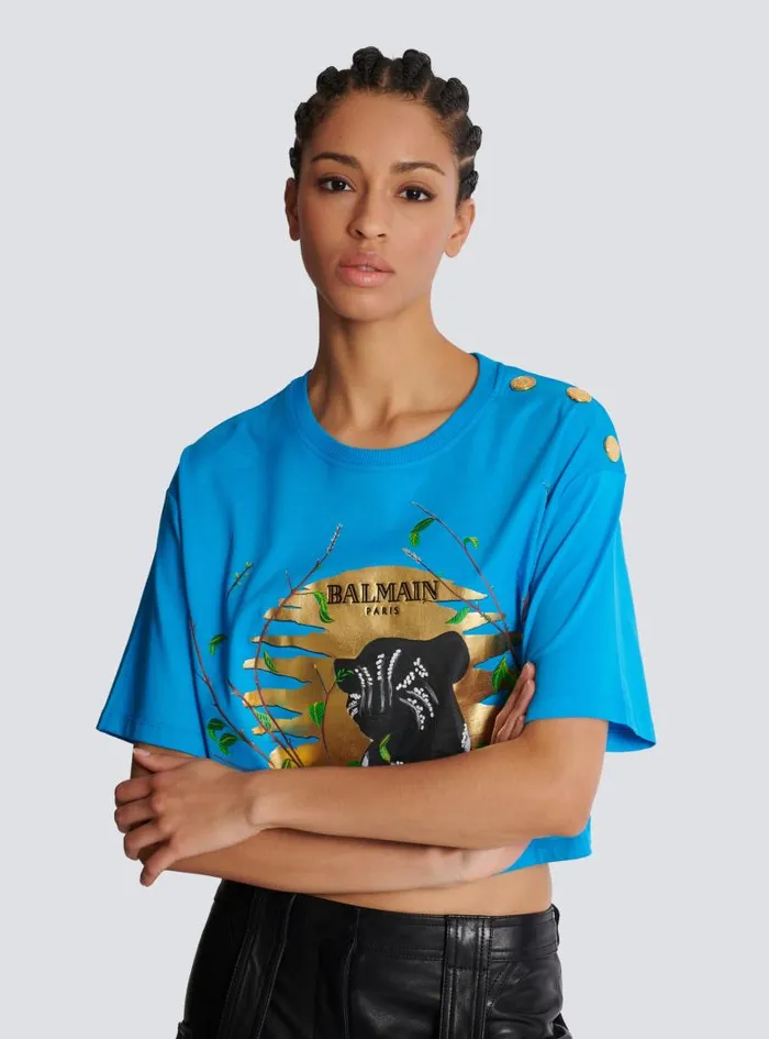 Balmain TShirts Women Disney X The Lion King 8211 Cropped Tshirt With Cassius Khumalo Print Blue