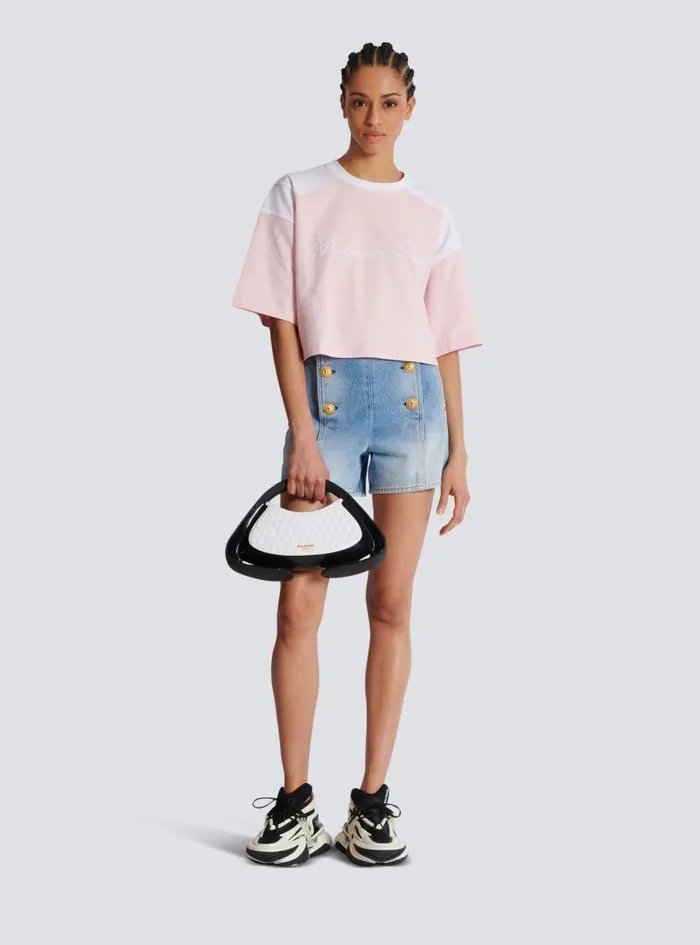 Balmain TShirts Women Twotone Tshirt With Signature Embroidery Pink
