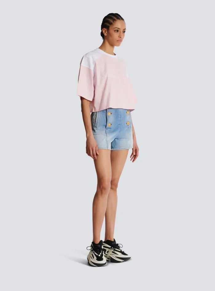 Balmain TShirts Women Twotone Tshirt With Signature Embroidery Pink