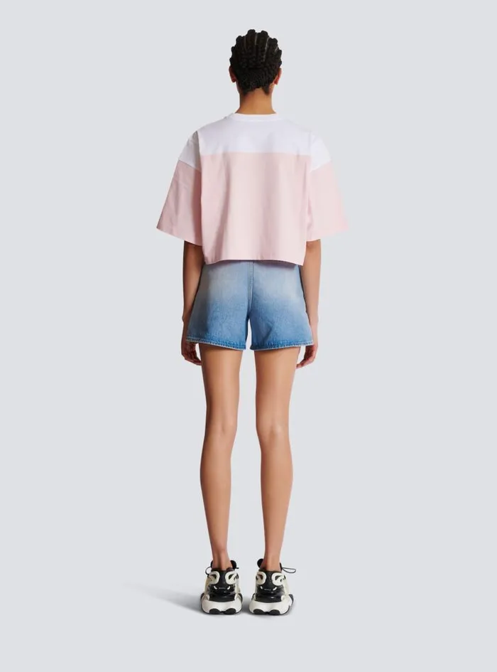 Balmain TShirts Women Twotone Tshirt With Signature Embroidery Pink