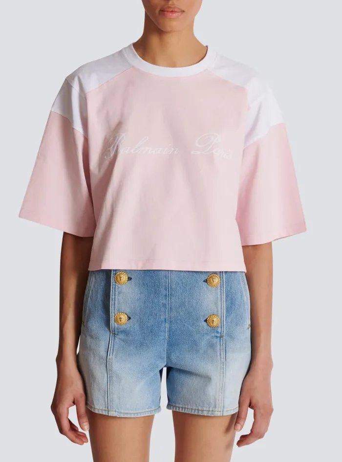 Balmain TShirts Women Twotone Tshirt With Signature Embroidery Pink