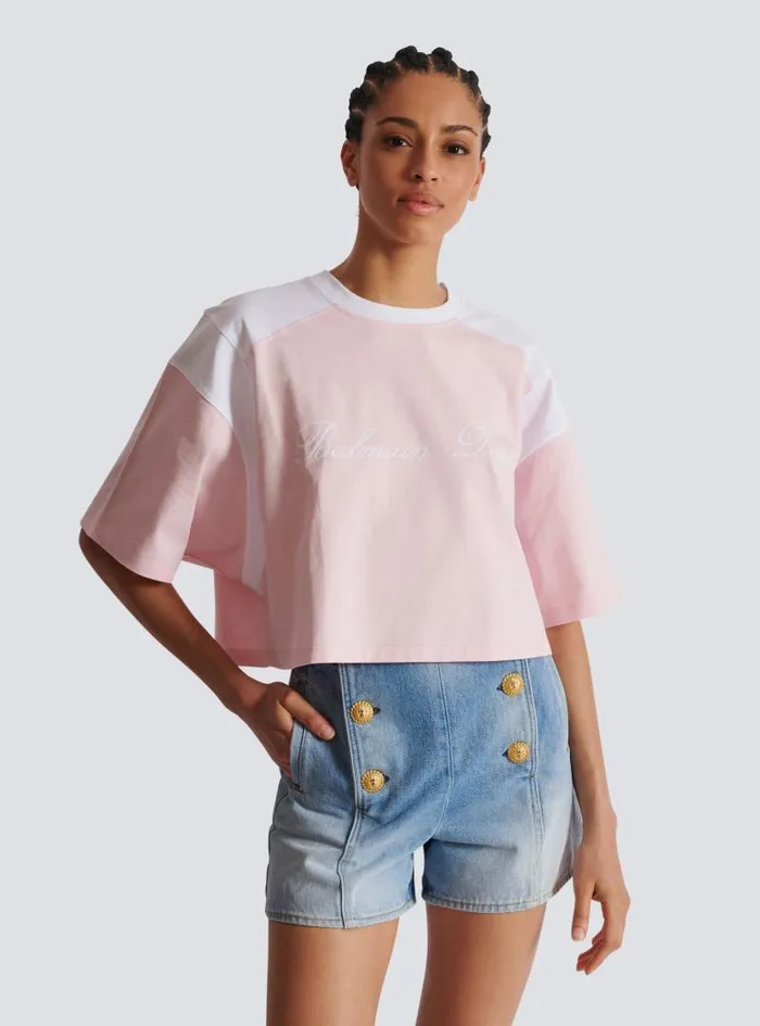 Balmain TShirts Women Twotone Tshirt With Signature Embroidery Pink