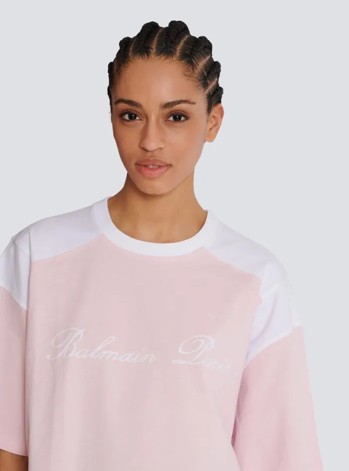 Balmain TShirts Women Twotone Tshirt With Signature Embroidery Pink