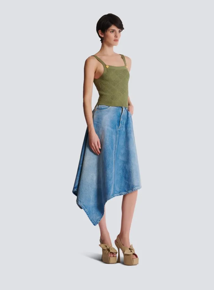 Balmain Tops And Shirts Women Cropped Top In Gingham Openwork Knit Green