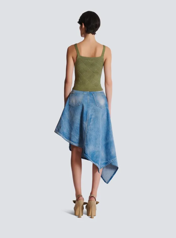 Balmain Tops And Shirts Women Cropped Top In Gingham Openwork Knit Green