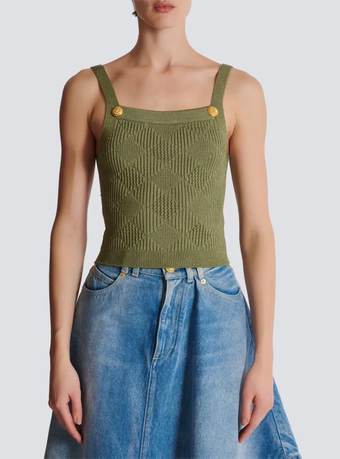 Balmain Tops And Shirts Women Cropped Top In Gingham Openwork Knit Green