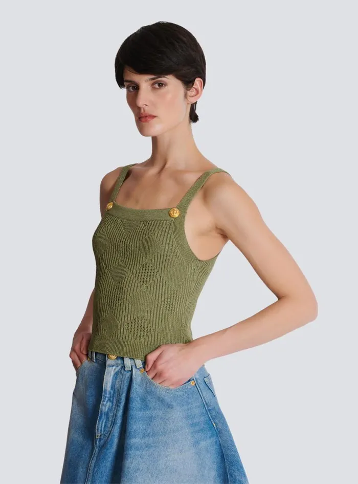 Balmain Tops And Shirts Women Cropped Top In Gingham Openwork Knit Green