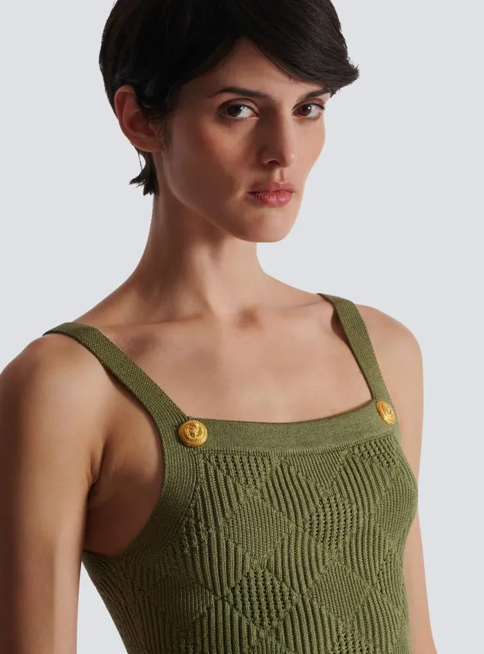 Balmain Tops And Shirts Women Cropped Top In Gingham Openwork Knit Green