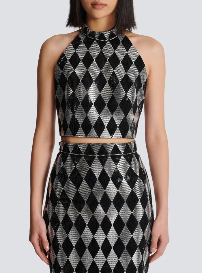 Balmain Tops And Shirts Women Diamond Rhinestone Halterneck Top Black