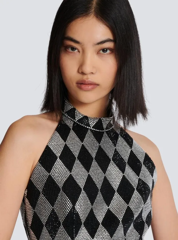 Balmain Tops And Shirts Women Diamond Rhinestone Halterneck Top Black