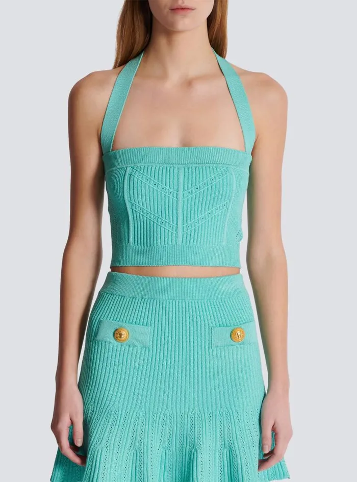 Balmain Tops And Shirts Women Knitted Halterneck Top Blue