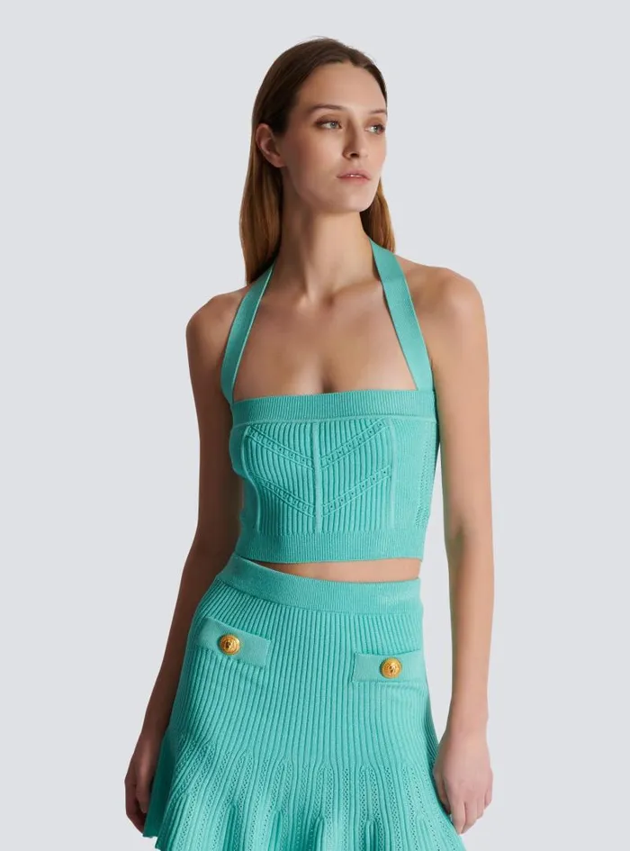 Balmain Tops And Shirts Women Knitted Halterneck Top Blue
