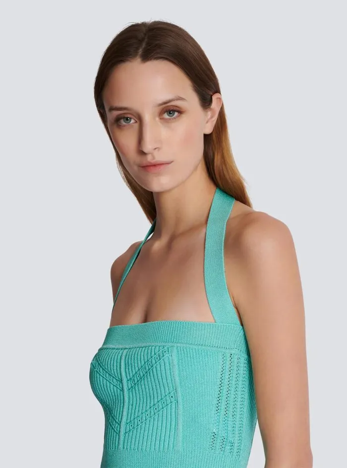 Balmain Tops And Shirts Women Knitted Halterneck Top Blue