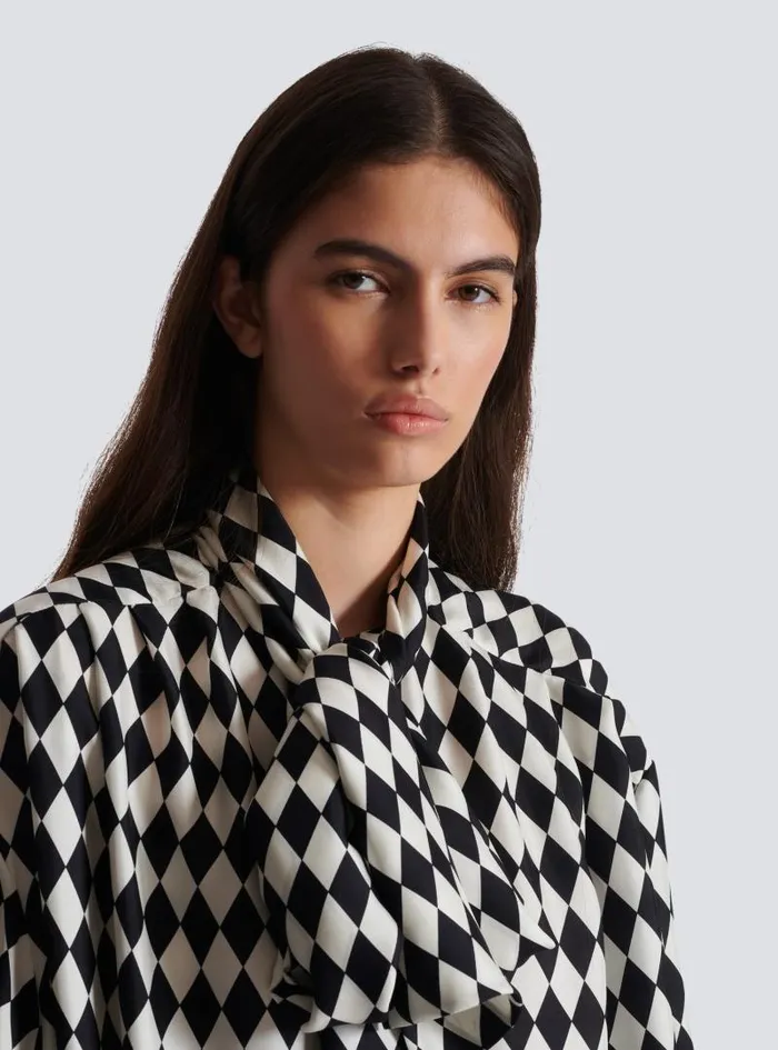 Balmain Tops And Shirts Women Pussybow Shirt With Diamond Print Black